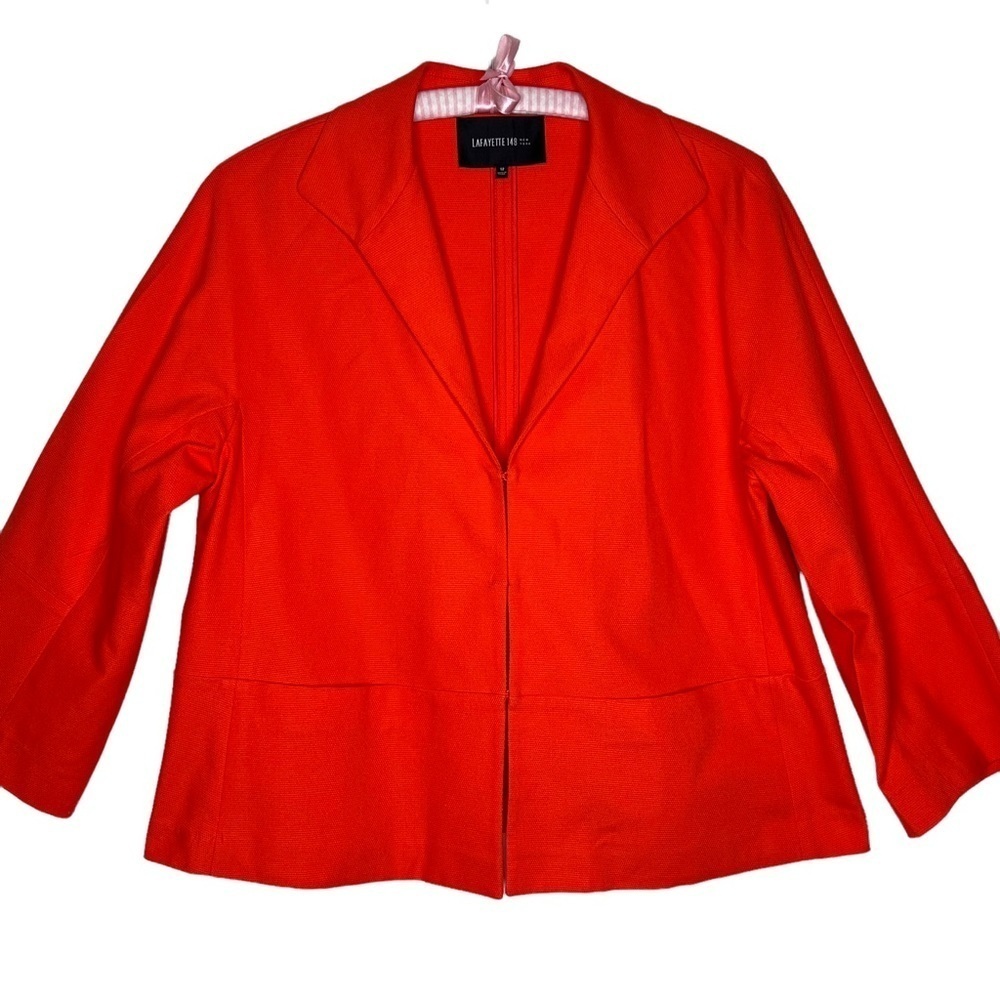 Lafayette 148 Orange 3/4 Sleeve Blazer Jacket Sz 12 Hook Closure Cotton Tailored